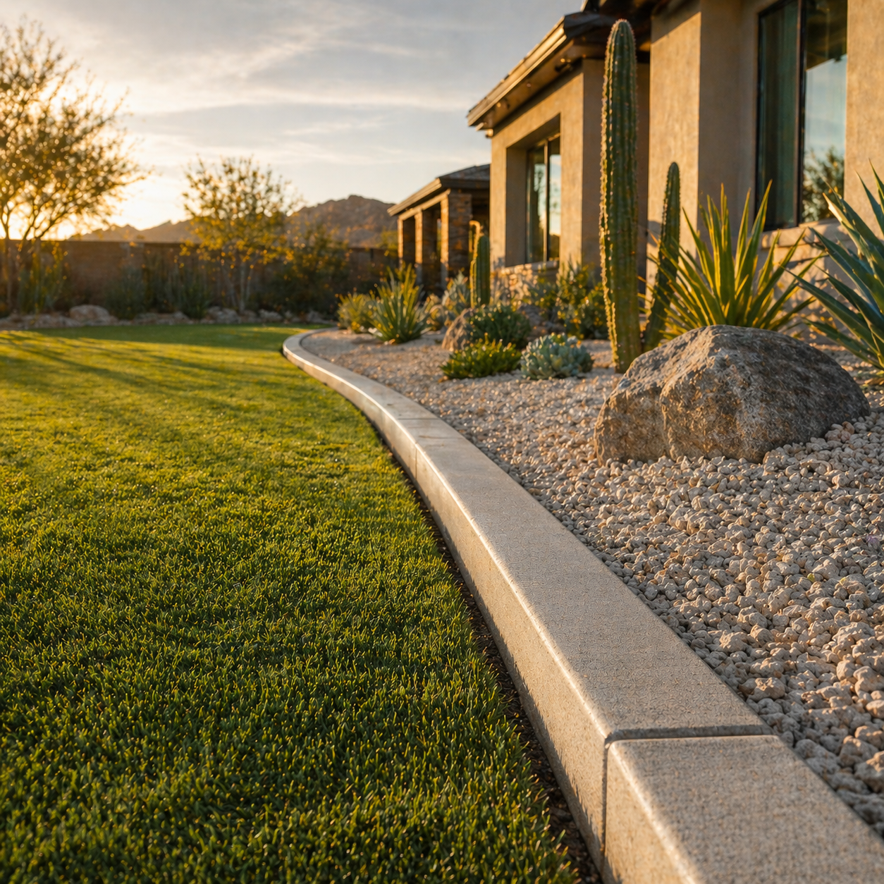 Decorative concrete curbing installed along a Phoenix yard by Denali Customs